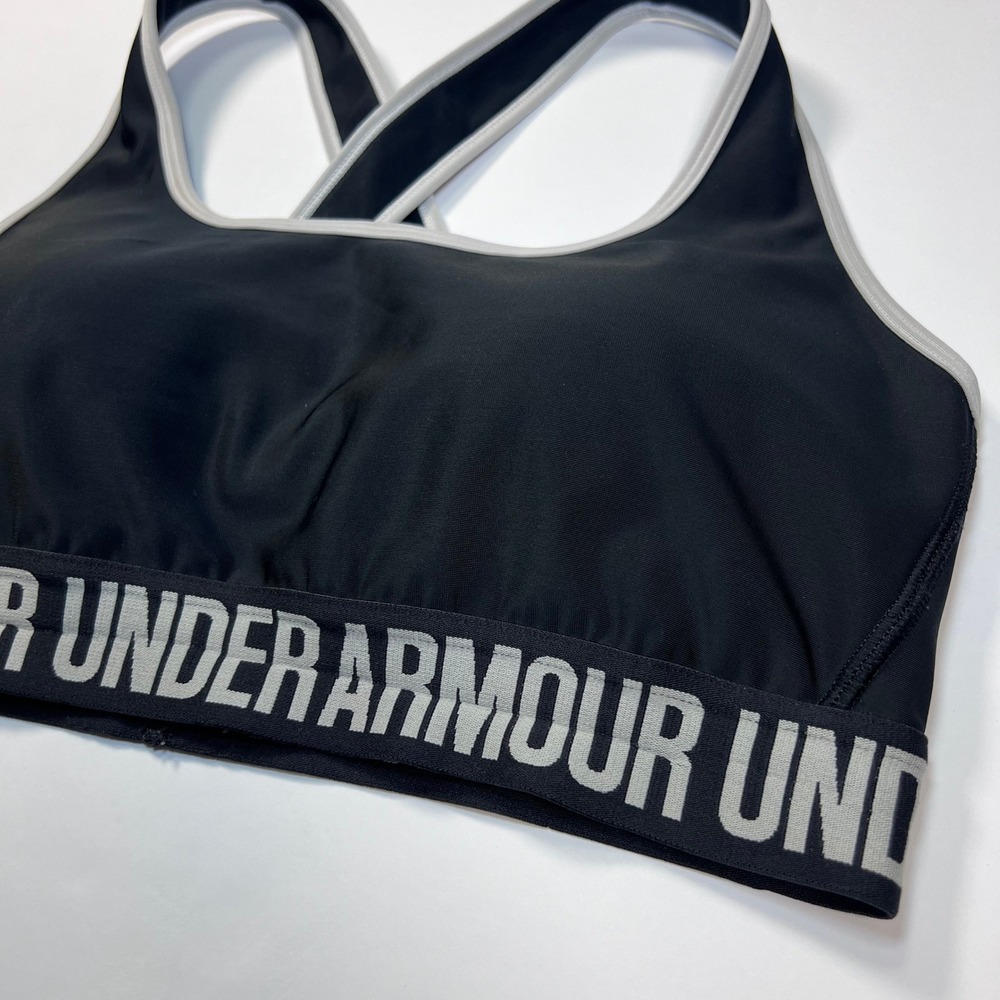 Under Armour Mid Keyhole Sports Bra Size Large Black Gray Logo Band - Picture 9 of 9
